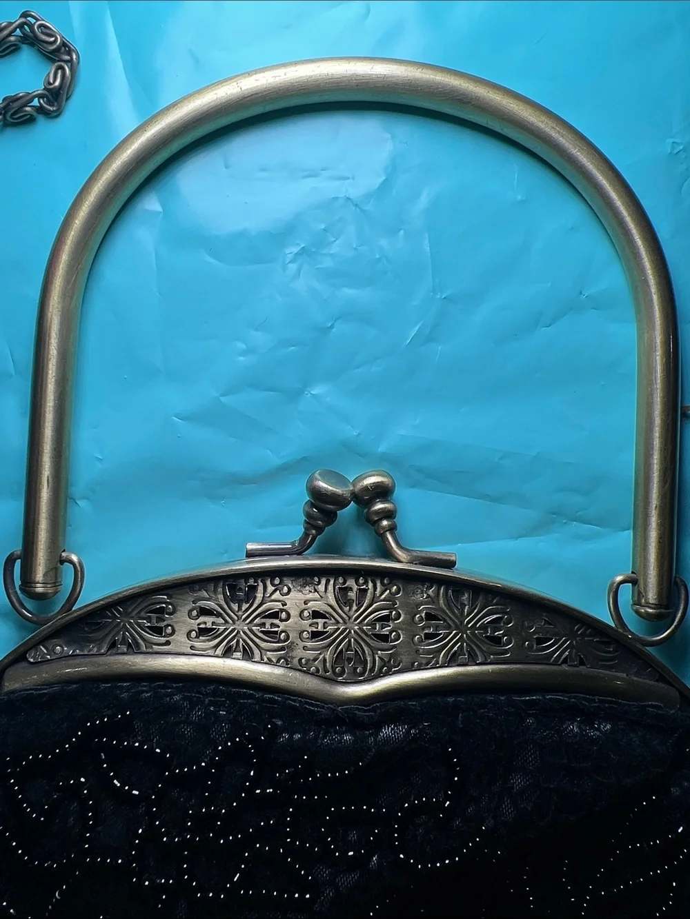 Vintage-Inspired Black Beaded Evening Bag with Gold Frame Kiss Lock